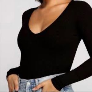 Forever 21 Basic Long Sleeve V-Neck Ribbed Seamless Bodysuit